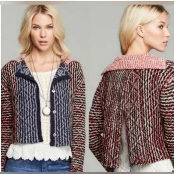 Free People cropped Cardigan Sweater Open Back AZTEC WOOL CHUNK Snap Button XS - Picture 1 of 12